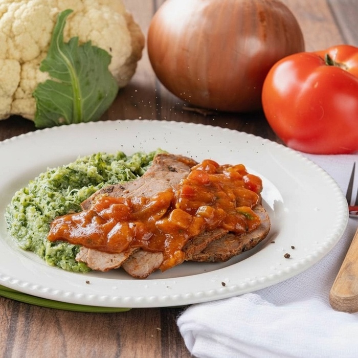 Carne Assada com Purê de Couve-Flor e Espinafre Cetogênico