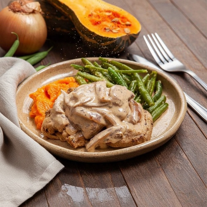 Frango com Creme Acebolado, Vagem e Purê de Abóbora com Gorgonzola
