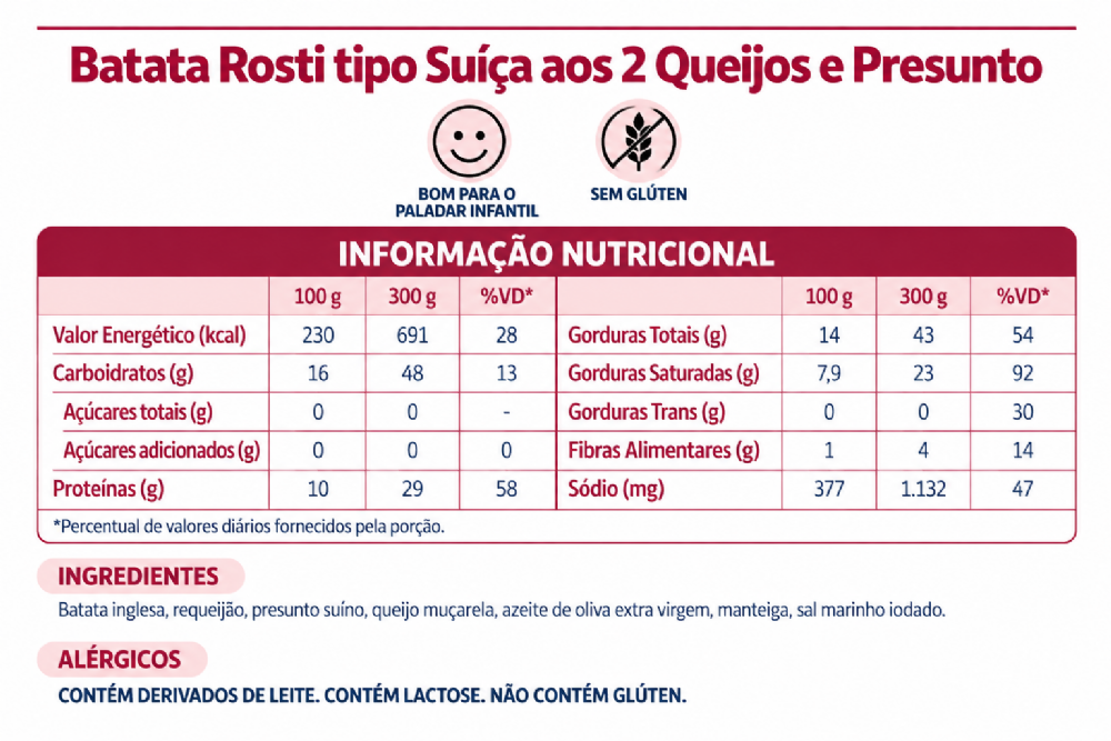 Batata Rosti tipo Suíça aos 2 Queijos e Presunto